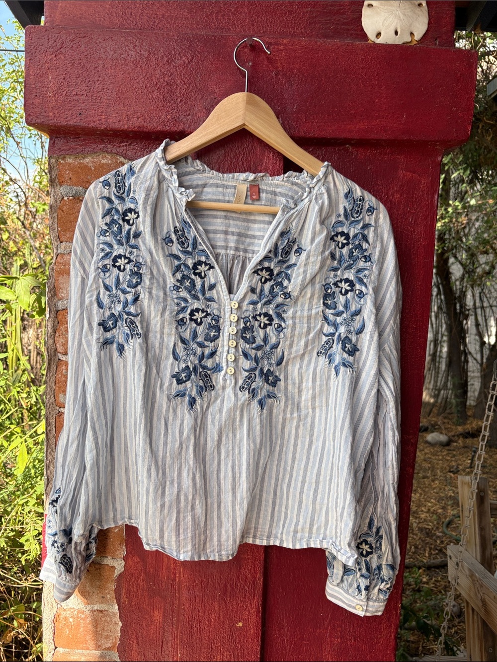 Pilcro Blue and White Striped Embroidered Peasant Blouse
